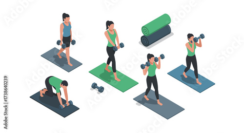 Isometric fitness routine: women exercising at home with dumbbells and yoga mats