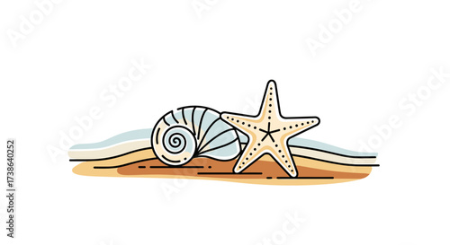 Cute cartoon starfish and seashell on sand with a blue wave. Summer beach vector illustration svg