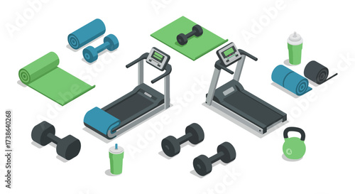 Modern isometric home gym equipment with treadmills, weights, and yoga mats