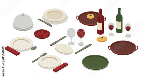 Isometric dining set: wine, dishes, and cutlery for elegant meal presentation