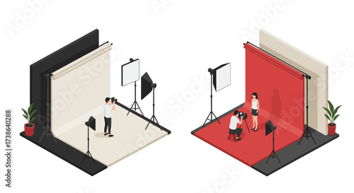 Photography studio setups with diverse backdrops and professional lighting