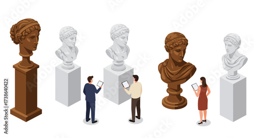Art gallery with isometric classical busts and modern visitors