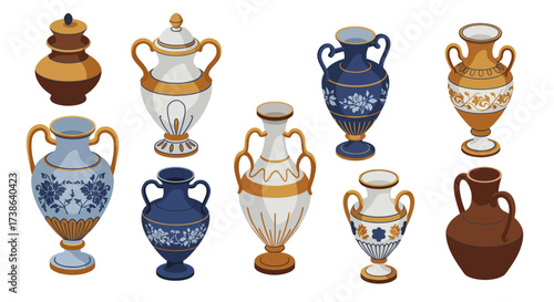 Elegant collection of vintage greek vases in isometric style for decorative p…