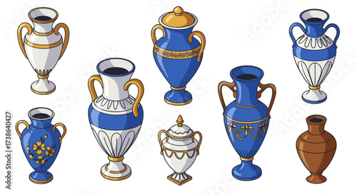 Elegant collection of blue and white greek vases with gold accents