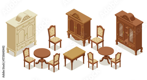 Vintage isometric furniture set with tables, chairs, and cabinets