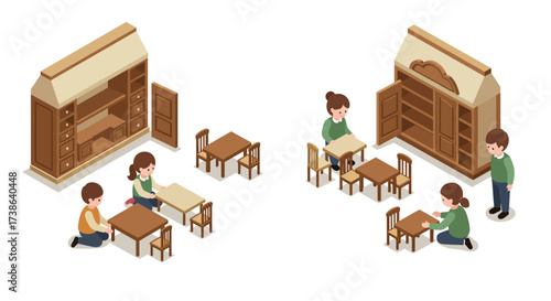 Children assembling wooden furniture in isometric style