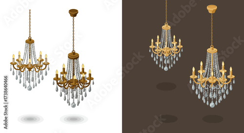 Elegant isometric chandeliers with crystals and warm lighting in dual backgro…