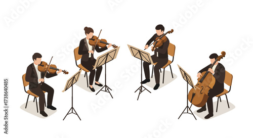 Isometric quartet performing classical music with string instruments