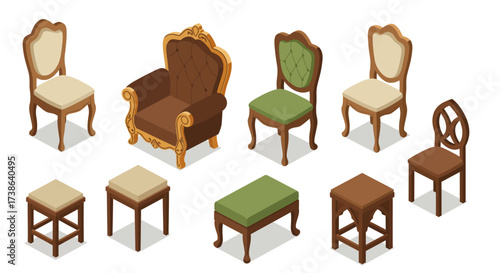 Charming vintage furniture collection with various elegant chair styles in is…