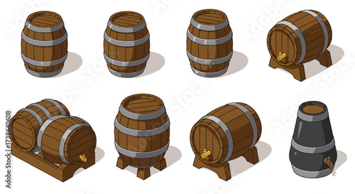 Set of wooden barrels in cartoon style with different perspectives and design…