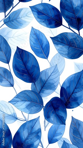 Watercolor leaves in varying shades of blue against a white background