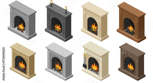 Set of isometric fireplace designs in various colors and styles for interior…