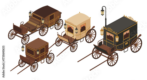 Isometric horse-drawn carriages collection: vintage and classic designs