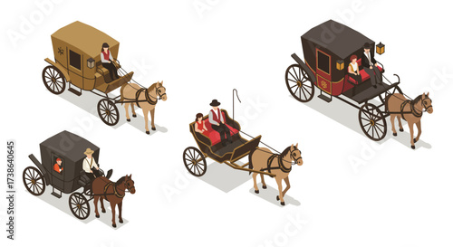Isometric vintage horse carriages with drivers and passengers on white backgr…