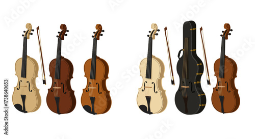 Detailed set of classic violins with bows and cases on white background