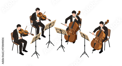 Isometric orchestra quartet playing string instruments on white background
