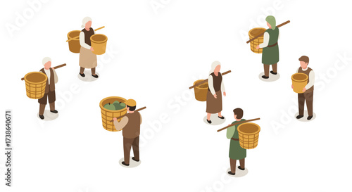 Traditional farming scene with isometric style: farmers carrying baskets