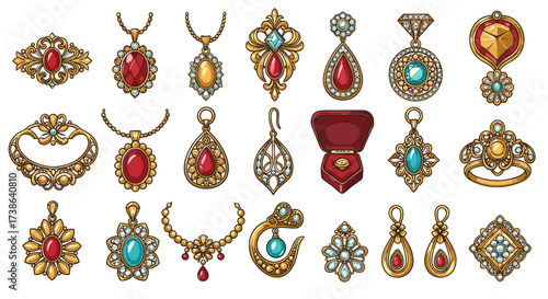 Elegant jewelry collection with gems and antique gold ornaments