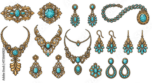 Ornate gold and turquoise jewelry collection featuring vintage baroque design…