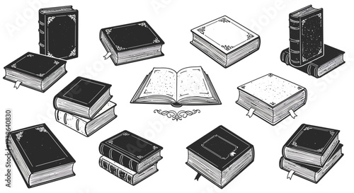 Vintage black and white book collection with ornamental frames