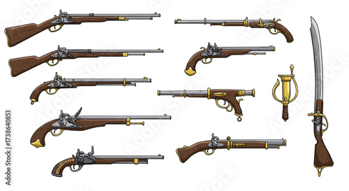 Set of antique firearms and sword collection with detailed vintage design