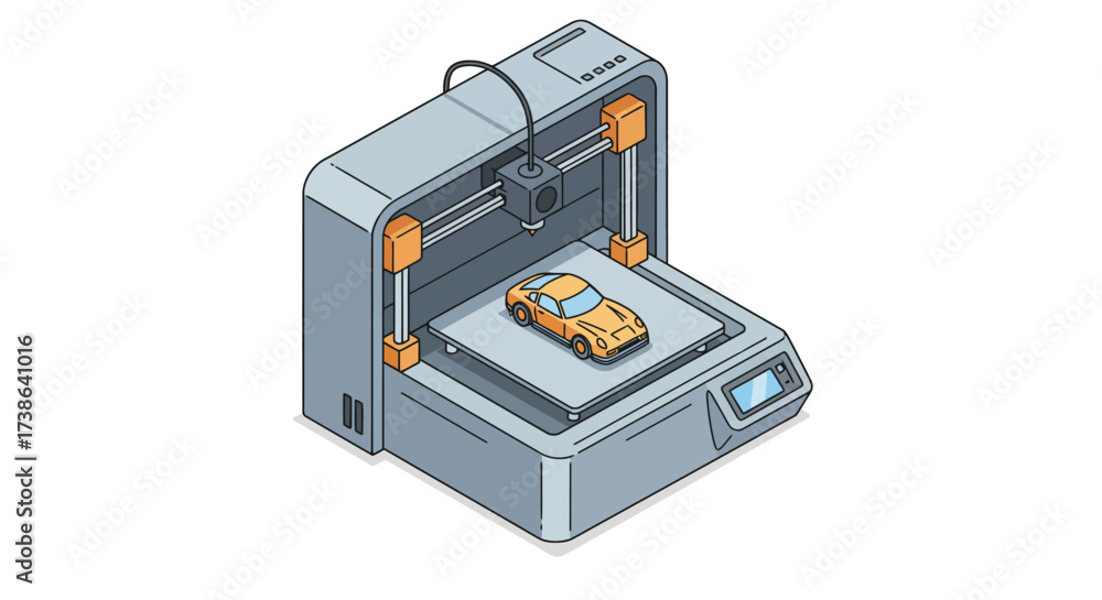 Fototapeta premium Isometric 3d printer creating miniature car model with precision technology