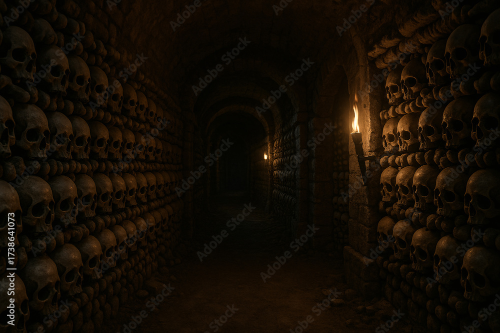 Fototapeta premium Dare to explore this eerie underground crypt illuminated by flickering torchlight, perfect for adding a chilling atmosphere to your next horror project