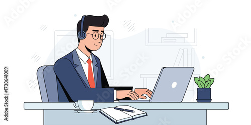 Male customer service agent with a headset working on a laptop, a vector illustration of a call center operator providing online support