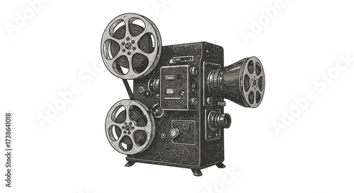 Vintage film projector in detailed engraved style for retro cinema themes