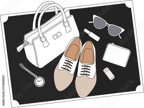 Elegant flat lay illustration of women's accessories and shoes