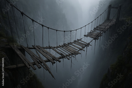 Brave the unknown with this moody shot of a dilapidated wooden bridge disappearing into the misty mountains, perfect for fantasy, adventure, and suspense