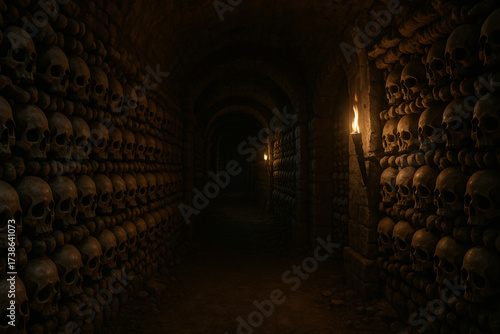 Dare to explore this eerie underground crypt illuminated by flickering torchlight, perfect for adding a chilling atmosphere to your next horror project