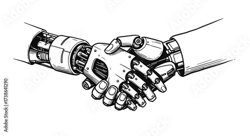 Futuristic robotic handshake in black and white outline style