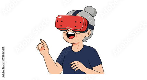 Elderly woman experiencing virtual reality with headset in modern flat style