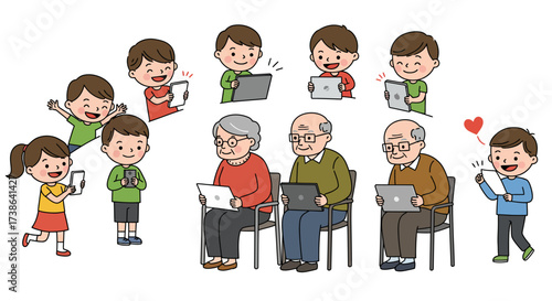 Generations embracing technology: diverse group of kids and seniors using dev…