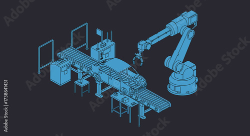 Isometric robotic arm assembling car on automated production line