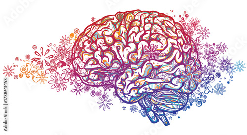 Colorful abstract brain with floral pattern in psychedelic style