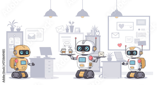 Friendly robots delivering coffee and mail in a modern office workspace