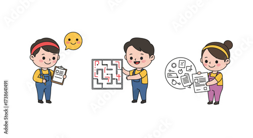 Cute children exploring puzzles and creativity in cartoon style