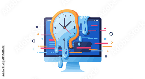 Melting clock surrealism on computer screen: time management concept art