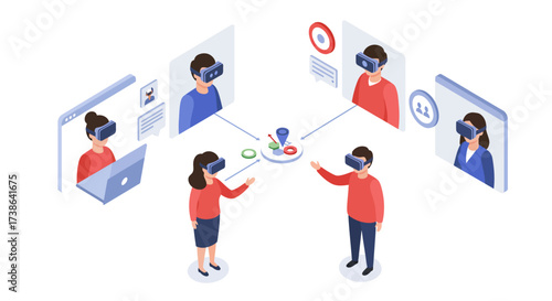 Virtual collaboration with vr technology for remote meetings in isometric style
