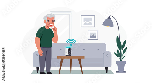Senior man interacting with smart home speaker in a modern living room