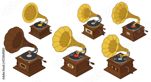 Vintage gramophones collection with golden horns and wooden boxes