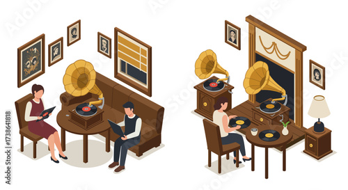Vintage music lounge with gramophones and vinyl in cozy retro setting