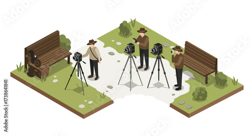 Isometric photographers in action with vintage cameras in outdoor park setting