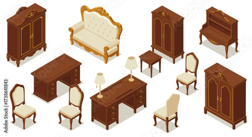 Elegant classic furniture collection in isometric style with vintage charm