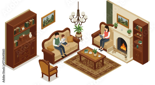 Cozy isometric living room scene with family reading by the fireplace
