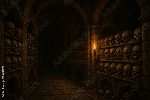 Explore the eerie depths of an ancient catacomb illuminated by flickering torchlight, rows of skulls creating a haunting, atmospheric scene perfect for mystery and horror