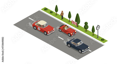 Isometric vintage car race with trees and spectator on city street