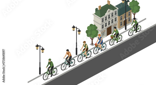 Cyclists riding uphill on a steep street with isometric buildings and trees